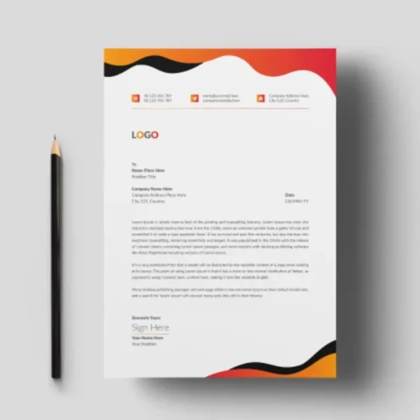 Corporate letterhead design featuring a colorful header and structured layout.