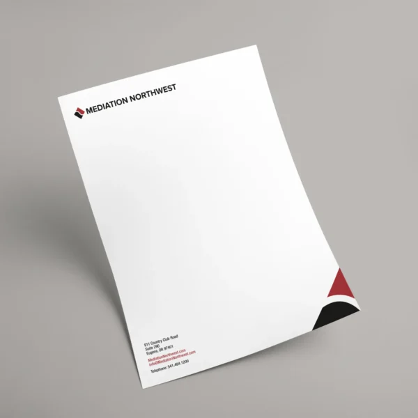 Elegant letterhead design featuring the logo and contact information for Mediation Northwest.