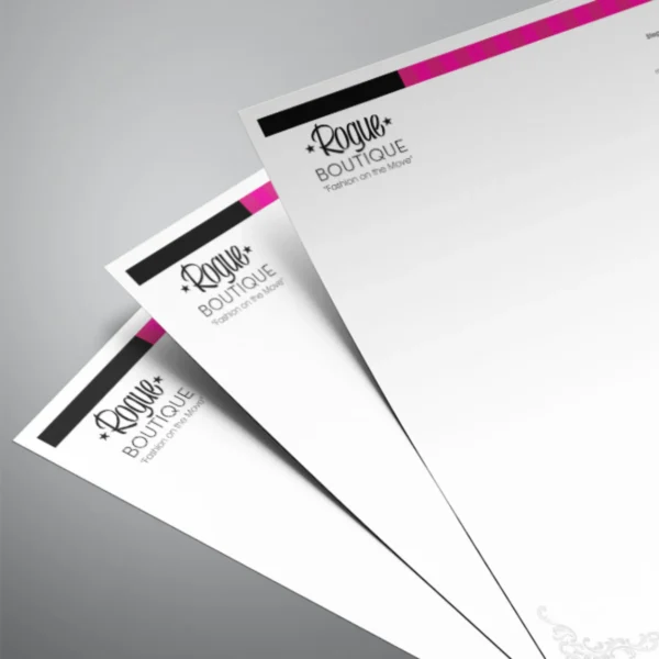 Professional letterhead design for Rogue Boutique with a stylish logo and color accents.
