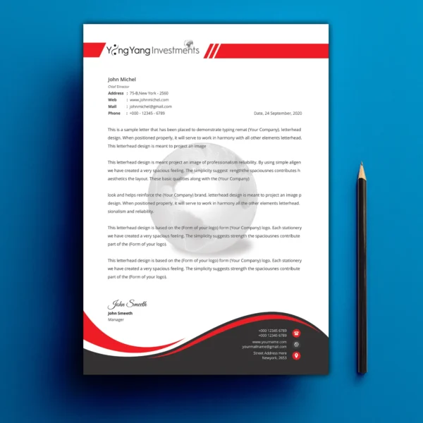 Letterhead design for Ying Yang Investments with a dynamic red and black color scheme.