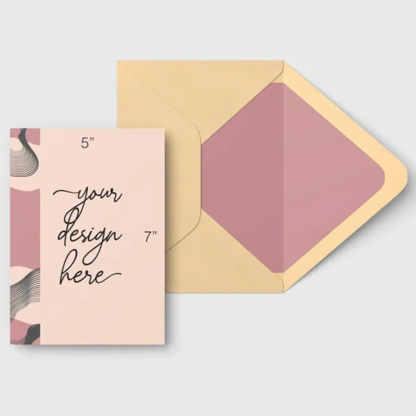 5 x 7 postcard design with customizable text and a matching envelope.