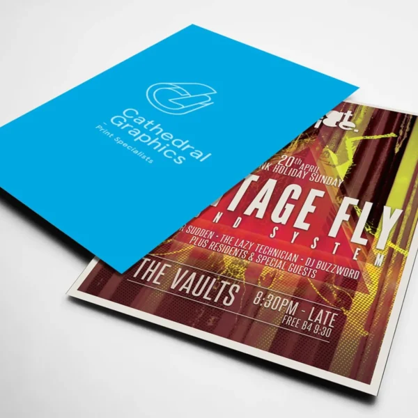 Blue flyer cover with Cathedral Graphics logo