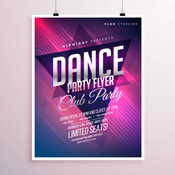 Night club party flyer illuminated with neon light effects depicting DJ performance.