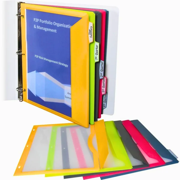 Colorful binder with multiple tabs and a content sheet.
