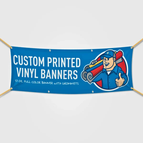 Custom printed vinyl banner featuring a character and bold text.
