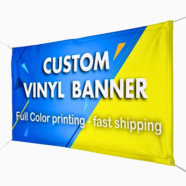 Bright custom vinyl banner with bold text and blue-yellow gradient.