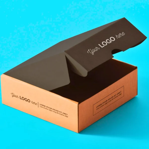 Open black shirt box with logo placeholder and sample text.