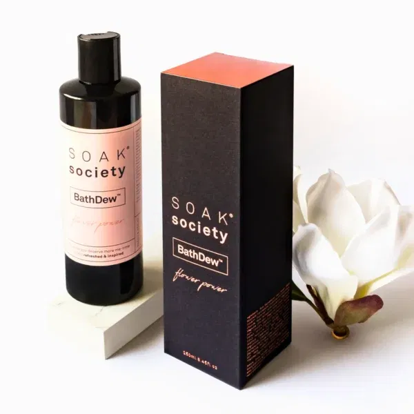 Custom lotion bottle and box in elegant packaging with a flower motif.