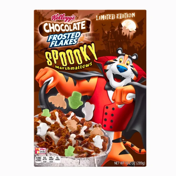 Halloween themed Kellogg's Chocolate Frosted Flakes cereal box featuring the Tony the Tiger character with spooky marshmallows.