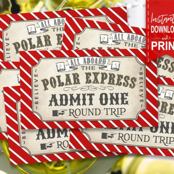 A stack of vintage-style tickets for the Polar Express event, featuring red and white striped borders.