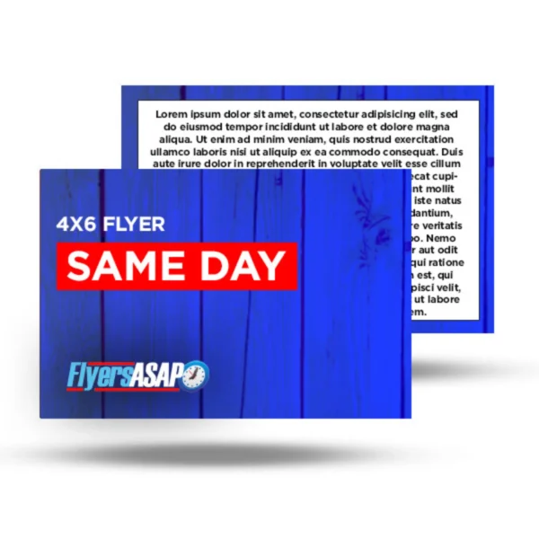 4 x 6 flyer with blue wooden background and same day service text.
