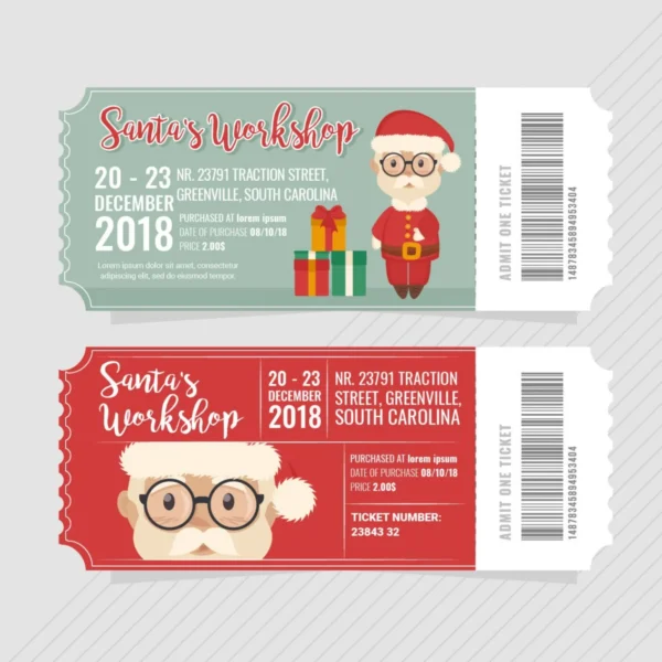 Two ticket designs for Santa's Workshop event, featuring Santa Claus images and event details.