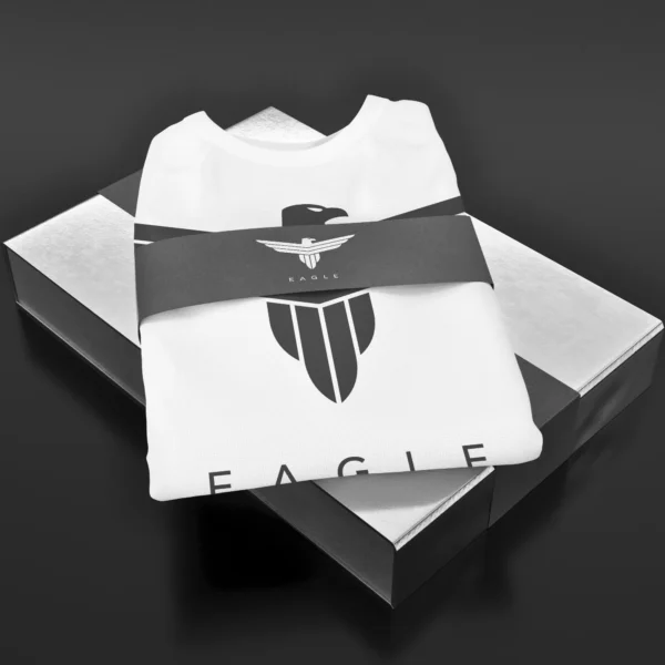 Stylish shirt wrapped in a black band within a silver box.