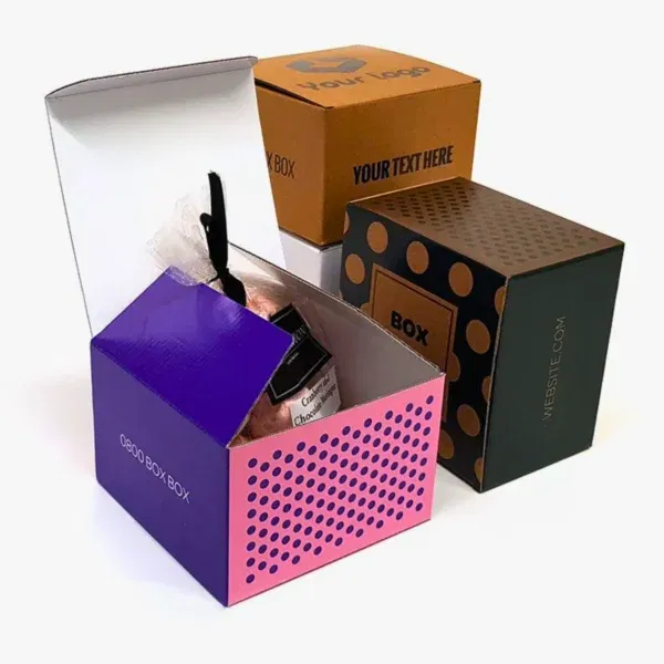 Assortment of colorful custom boxes with logos.