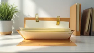 Open tan folder with brass fasteners holding organized documents on a desk with natural sunlight and a green potted plant in the background.
