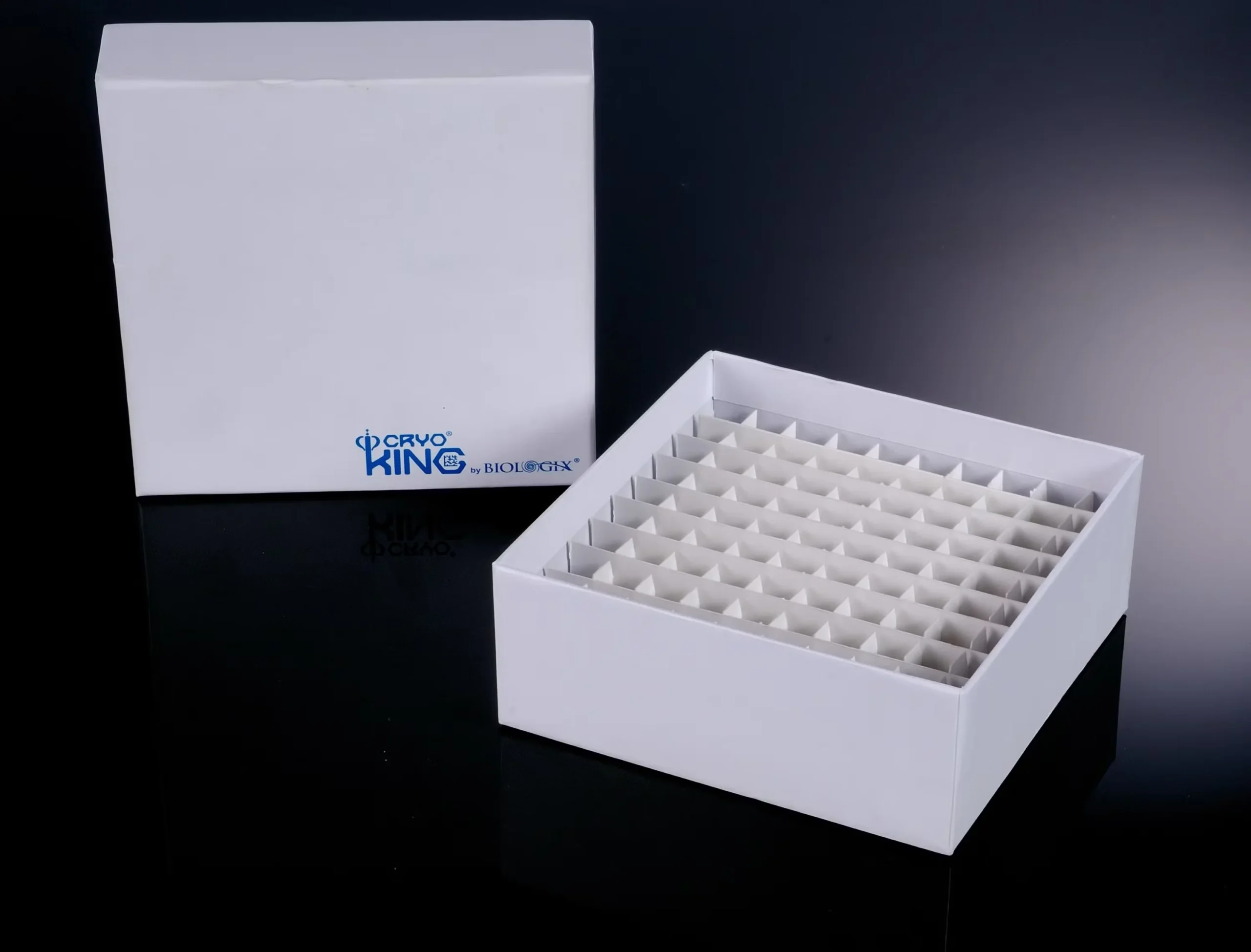 A white storage box with a grid of small compartments inside, labeled "CRYO KING by BIOLOGIX"
