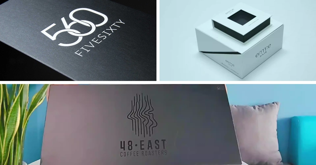 A collage of three product images featuring elegant branding. The top left shows a black card with "560 FIVESIXTY" embossed. The top right displays a white packaging box with a smaller black box on top, labeled "emme PAR." The bottom image features a dark box with "48 EAST COFFEE ROASTERS" printed in bold, positioned beside green leaves and a soft couch background.