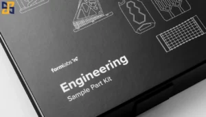 Black box packaging featuring technical drawings and text stating "Engineering Sample Part Kit" alongside the Formlabs logo.