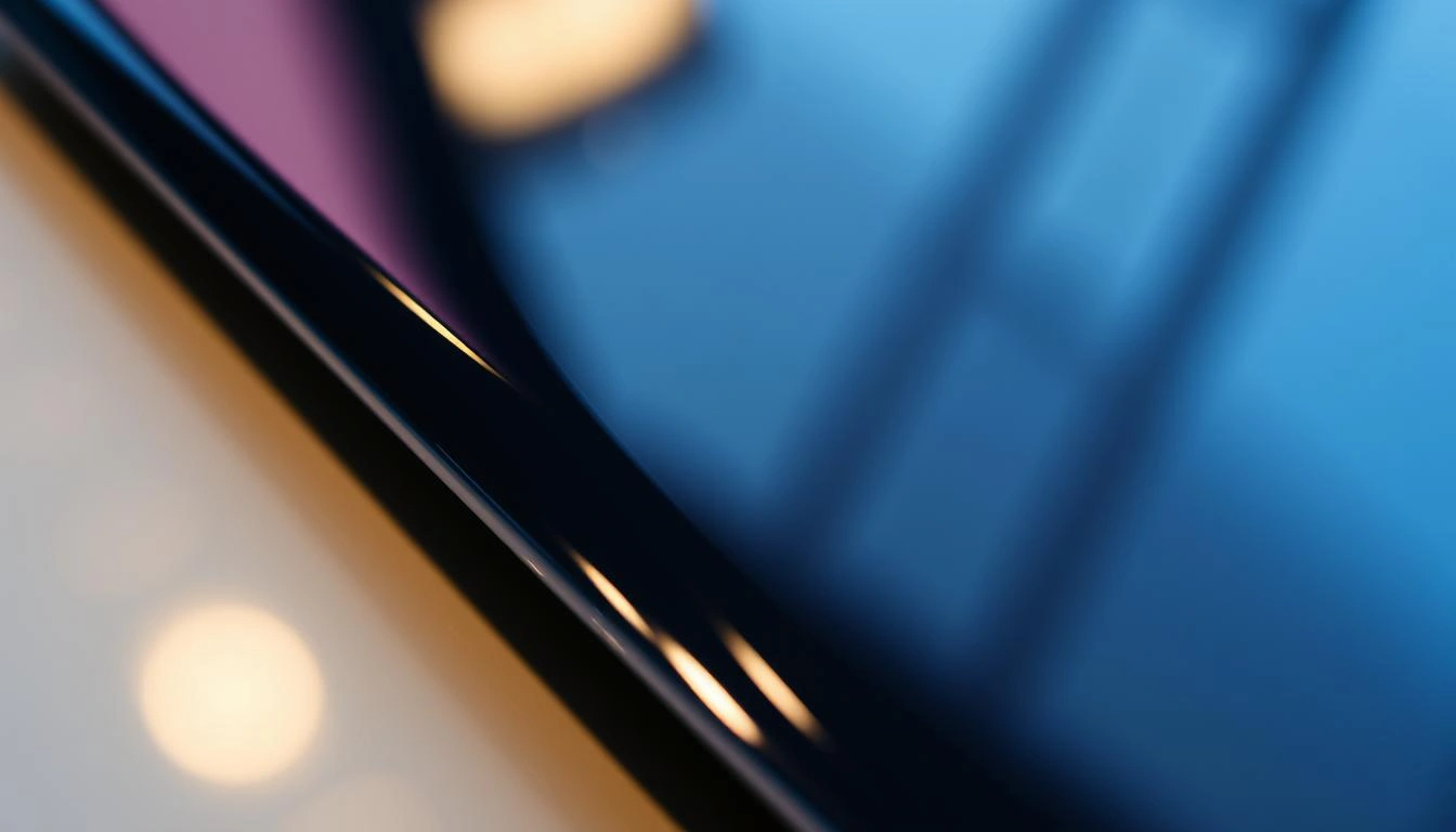 Close-up of a glossy lamination edge reflecting light, showcasing a smooth and shiny surface.