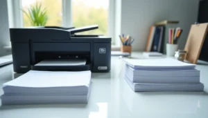A black printer is positioned on a white desk with stacks of blank printing paper on either side. In the background, there are various office supplies arranged neatly.