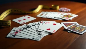 A spread of playing cards on a wooden table with a measuring tape nearby