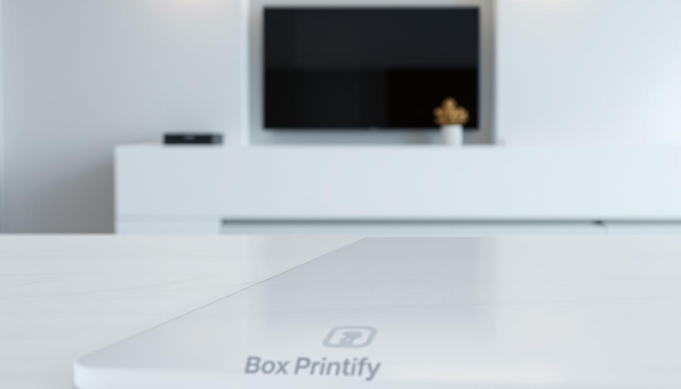 Close-up view of a white surface featuring the text "Box Printify," with a modern living room background including a wall-mounted TV.