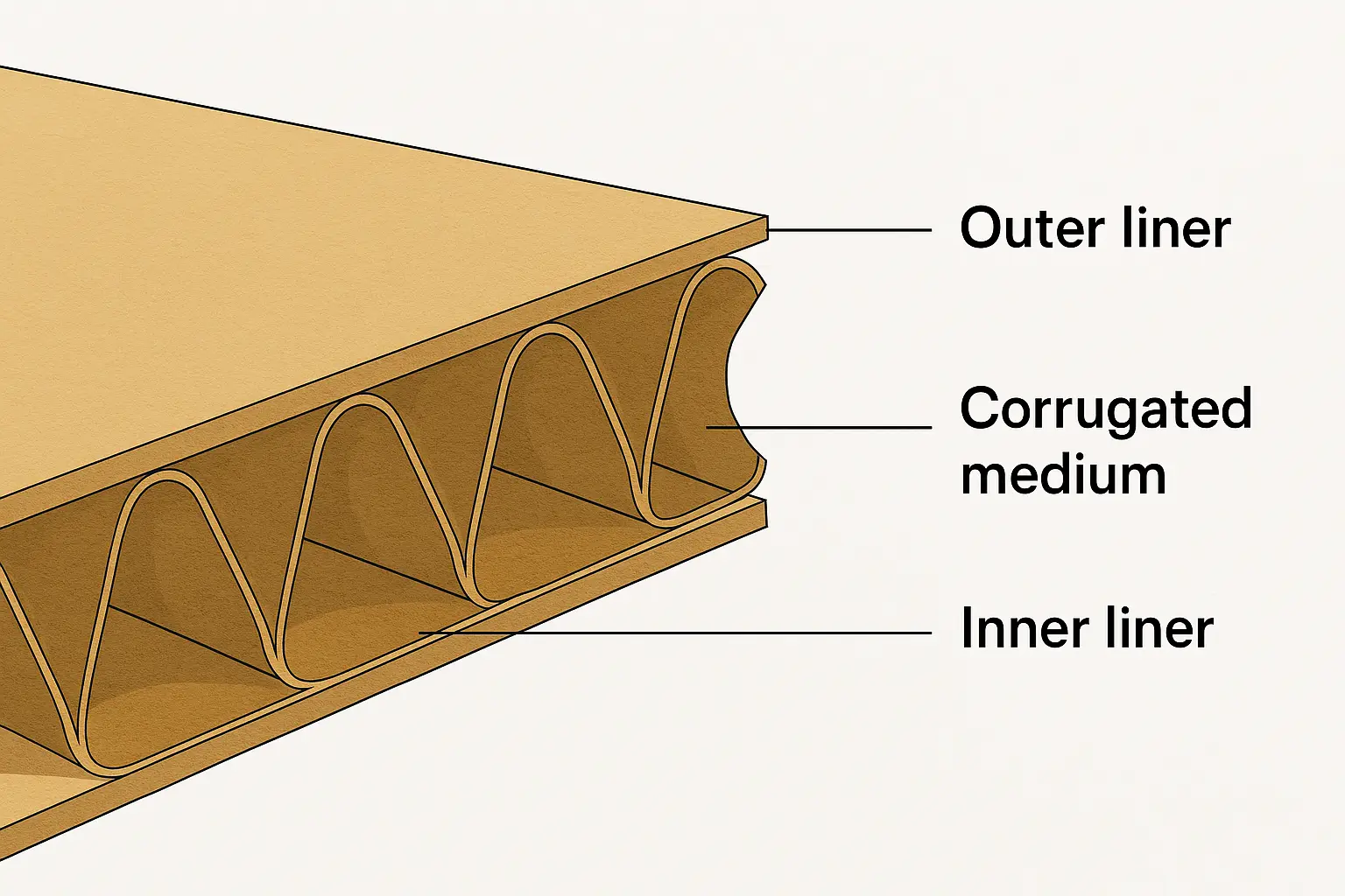 Cross-section illustration of a corrugated box showing outer liner, corrugated medium, and inner liner.