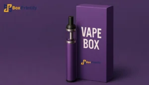 Close-up of custom vape packaging with sleek box and pen on purple background
