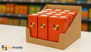 A display of shelf-ready packaging boxes in orange color, branded with the Box Printify logo, arranged in a retail setting to enhance visibility and accessibility.